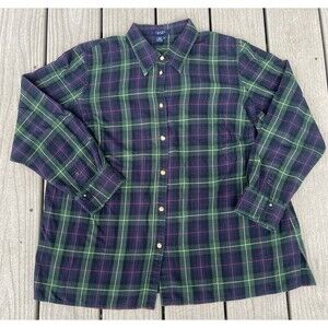 Chaps Top Plus 1X Green Blue Red Plaid Flannel Shirt Gold Buttons 100% Cotton